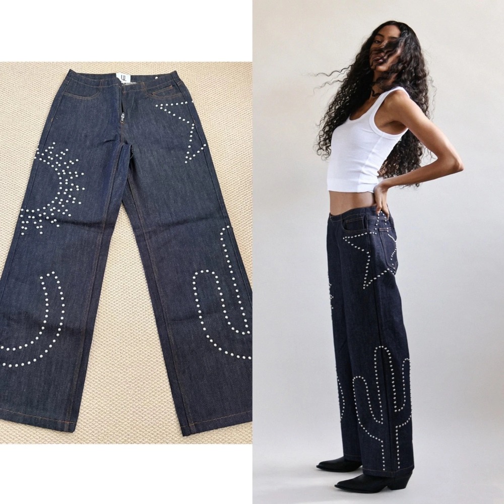 NEW Free People Understated Leather Texas Jeans Studded Scene Zip Dark Indigo 27